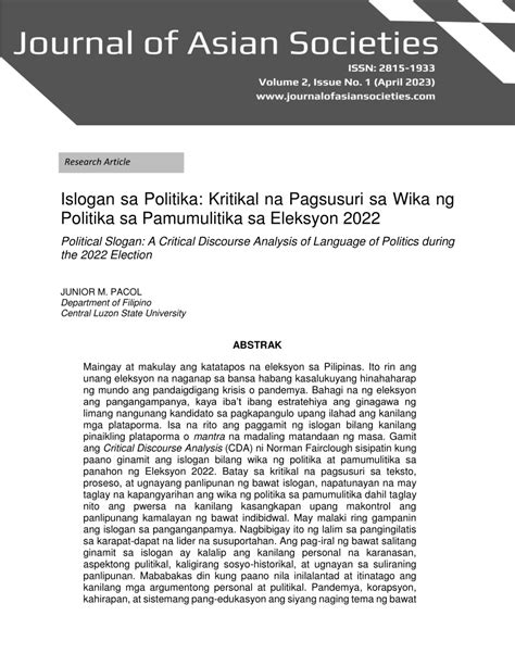 Islogan sa Politika: Kritikal na Pagsusuri sa Wika ng Politika sa .